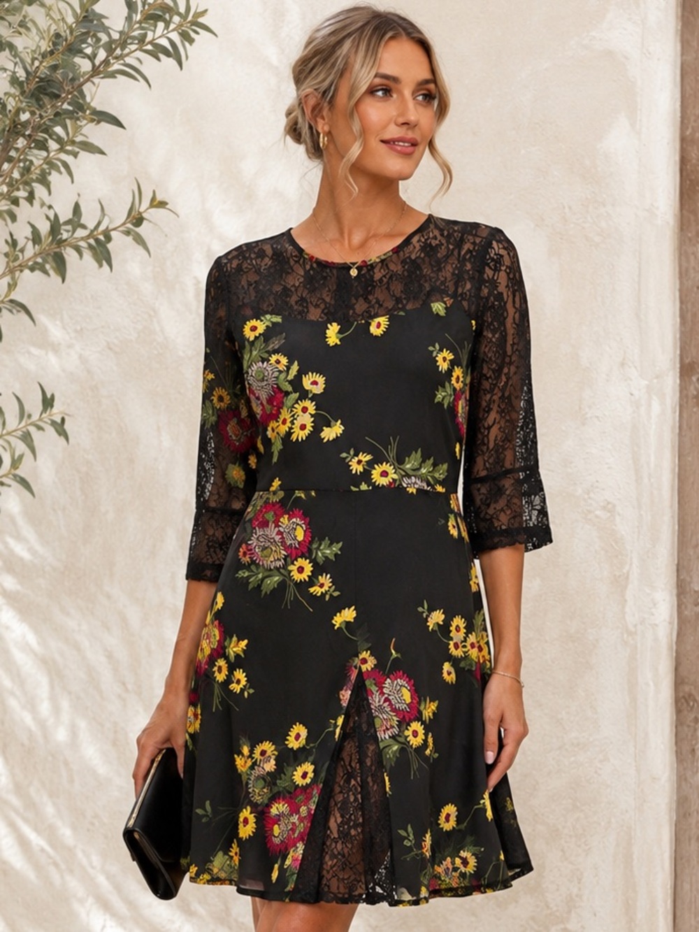 ASOS Black Floral Lace Mini Dress Size 14 Sheer 3/4 Sleeve Romantic Boho